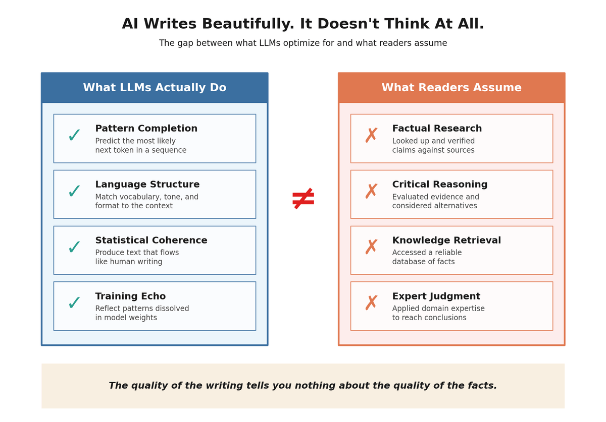 What LLMs Actually Do versus What Readers Assume: pattern completion and language structure do not equal factual research, critical reasoning, or expert judgment