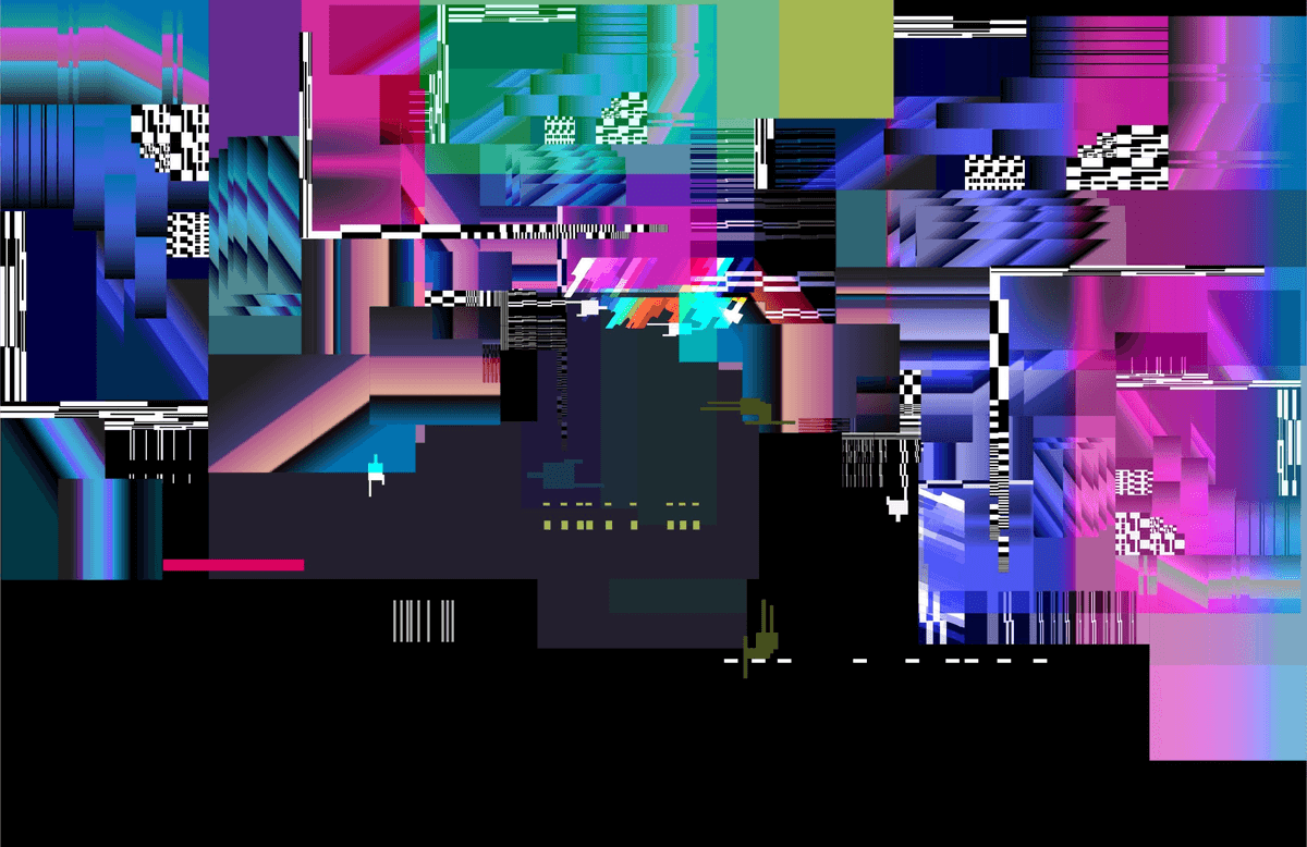 Abstract digital glitch art with fragmented neon-colored geometric shapes and distorted code-like patterns on a dark background, evoking broken software.