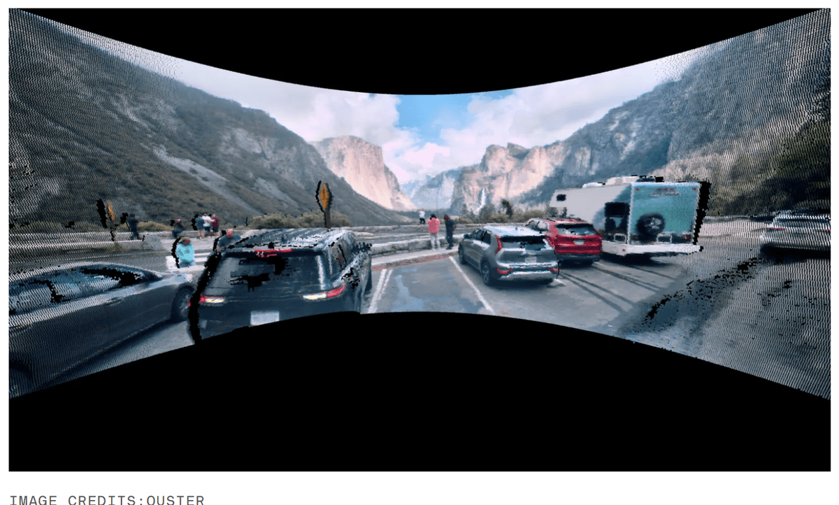 Color point cloud from Ouster's new lidar showing cars, pedestrians, and Yosemite's El Capitan in the background.