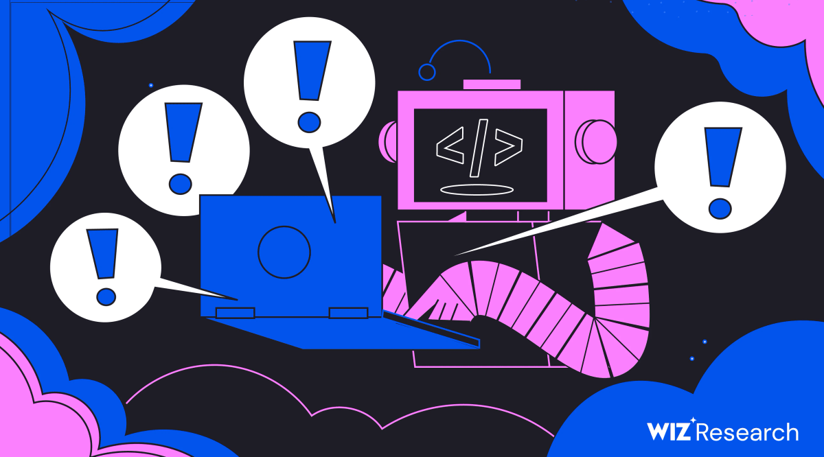 Wiz Research illustration of a robot and a laptop with code on screen, surrounded by exclamation-mark warning bubbles, signaling security flaws in vibe-coded applications.